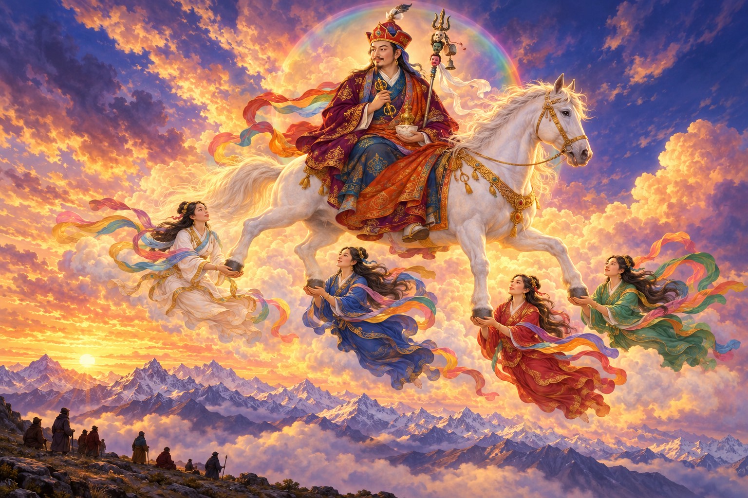 Looking up into a gold and rose sunset sky, Guru Rinpoche rides a white horse through the clouds, its hooves held up by four small dakinis in coloured silks, and turns his face back toward the mountain pass below.