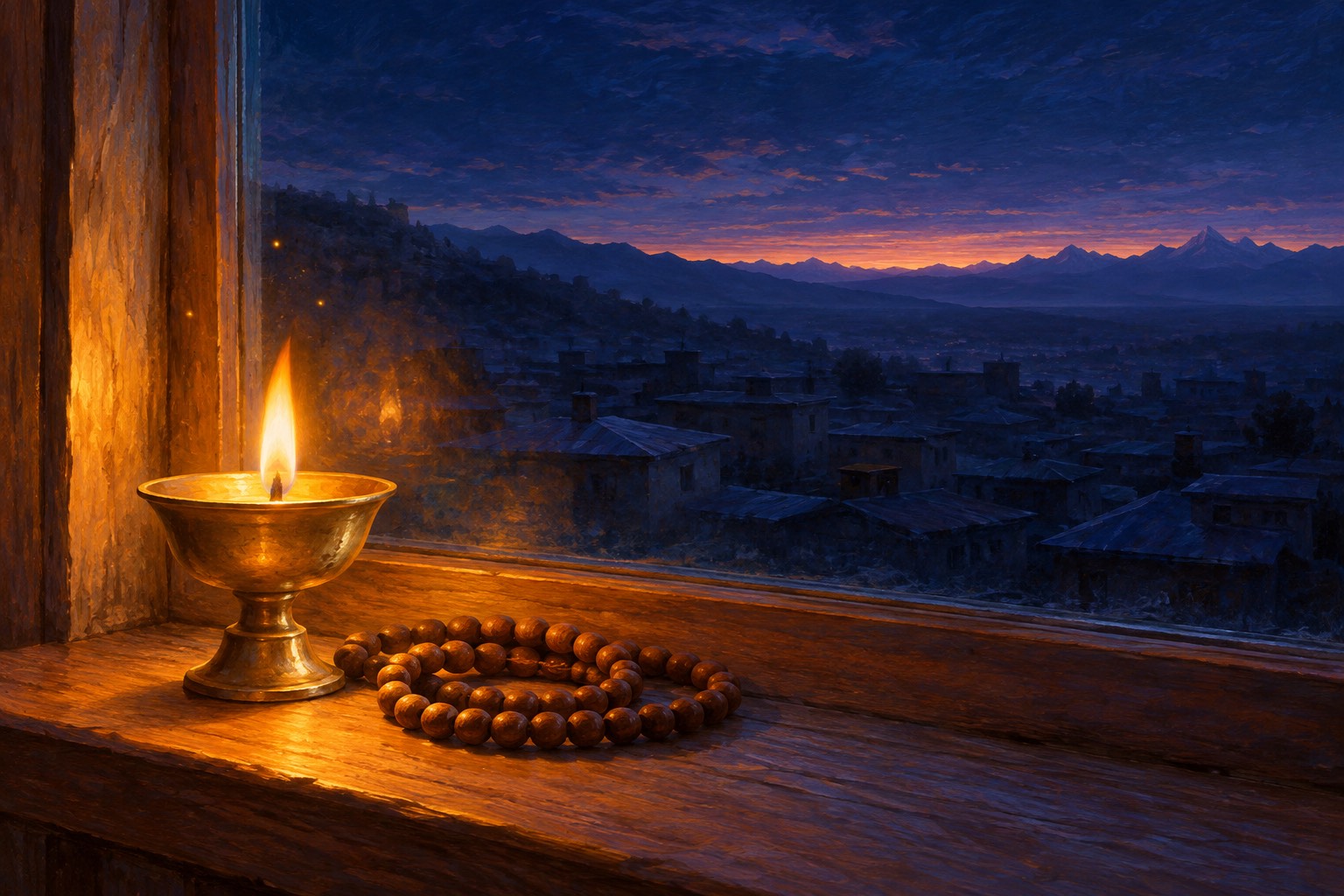 A small brass butter lamp burns beside a wooden mala on a window ledge at night, with dark rooftops and the first faint dawn light over distant mountains beyond the glass.