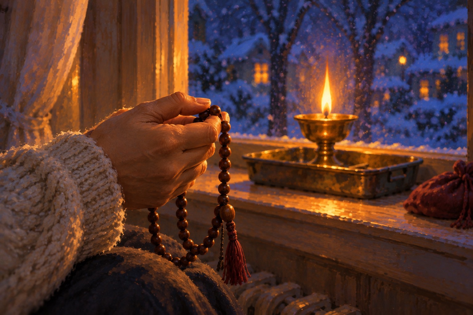 A hand slowly moves dark prayer beads with the thumb at night, a small lamp flame glowing out of focus behind.