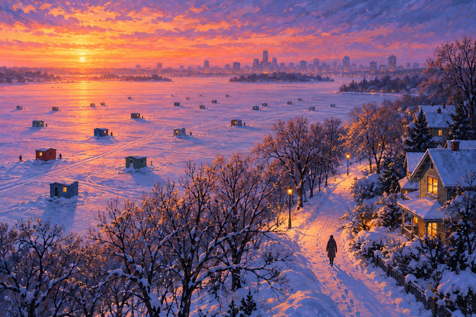 From high above, a snow-covered frozen lake at dusk with small ice-fishing shacks, and one tiny figure walking along the shore toward a row of houses.