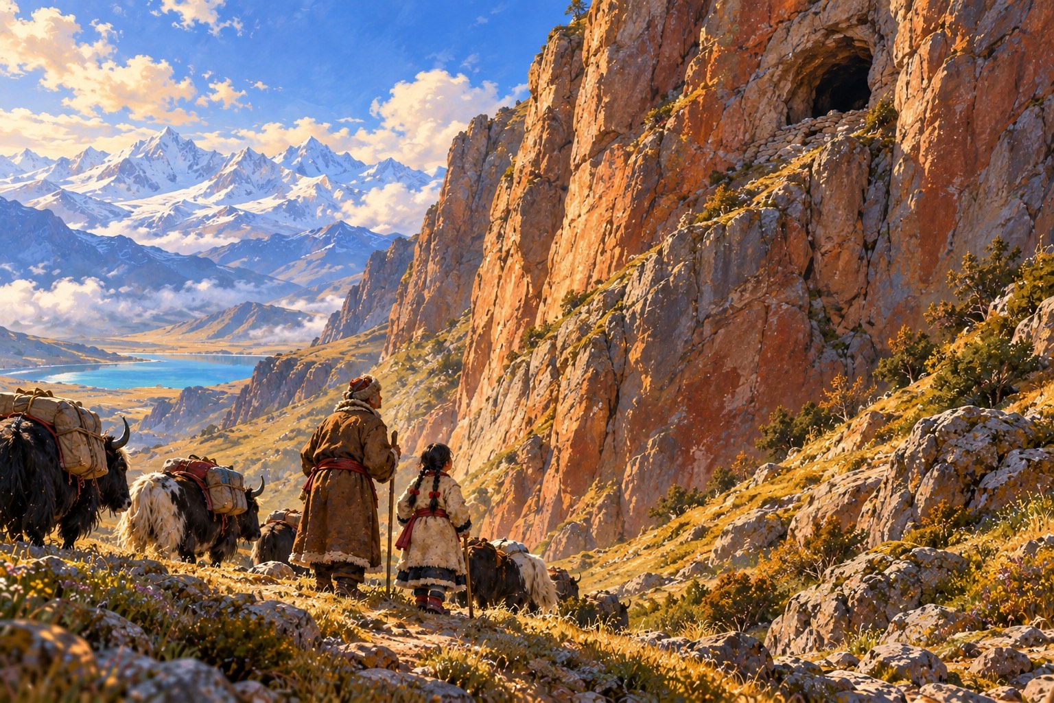 Seen from below, a towering red cliff with a small dark cave far up its face. An old man and a girl, small and seen from behind, stop on the trail to look up at it.