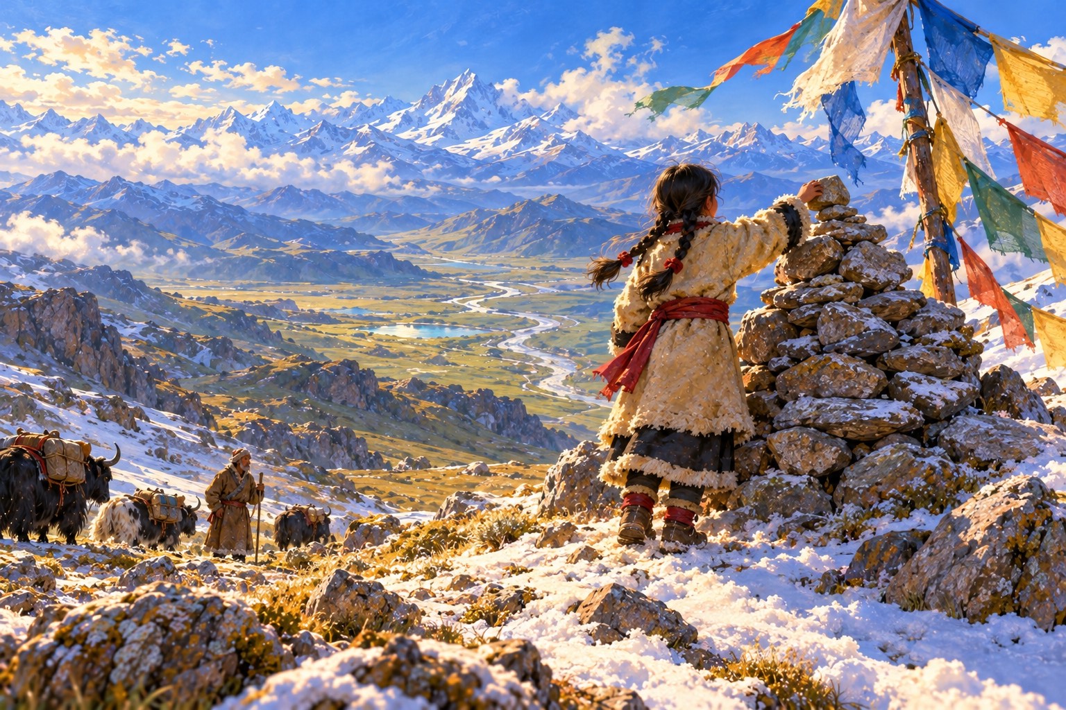 Seen from behind, a girl stands alone by a stone cairn hung with faded prayer flags at the top of a windy pass, a green valley spread far below. Her grandfather waits with the yaks a little way down the slope.