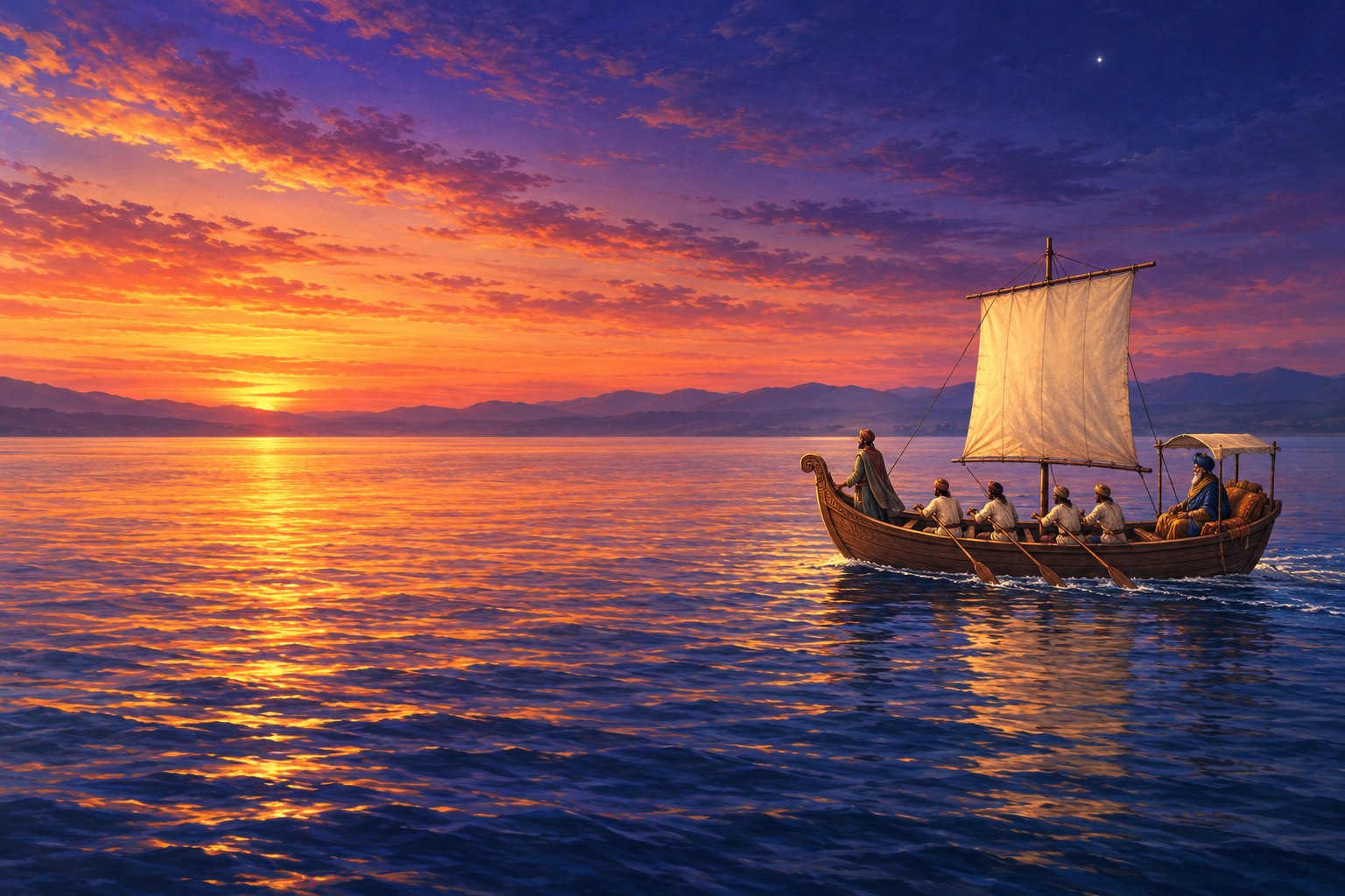 A small wooden boat with one square sail crosses a vast lake at dusk under an amber and violet sky. An older king sits under a canopy at the stern while oarsmen row.