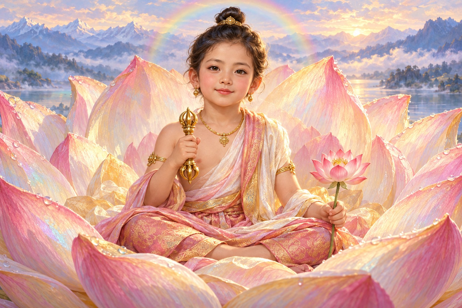 Close view of a calm boy of about eight seated inside an opening pink and white lotus. He holds a small golden scepter upright at his chest and a pink lotus flower in his other hand, with a soft rainbow glow behind his head.