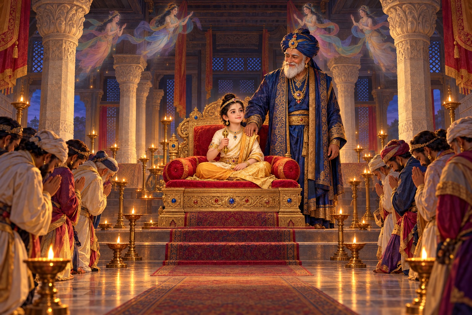 In a lamplit palace hall with carved stone columns, a boy dressed as a young prince sits on a jeweled throne holding a small golden scepter. The old king stands beside him with a hand on his shoulder while courtiers bow and faint graceful figures hover among the beams.