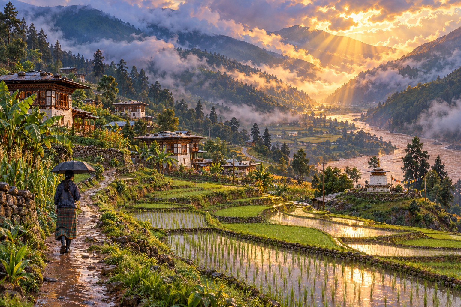 A steep green valley of flooded rice terraces in monsoon light, white farmhouses above, and a small white chorten on the ridge. A girl with an umbrella walks up a path far below.