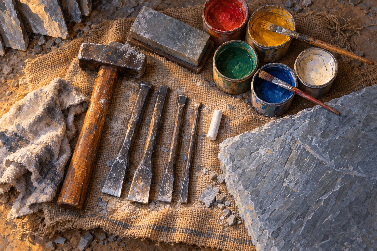 From above: a worn hammer, a row of chisels, chalk, a whetstone and small tins of bright paint on a jute sack beside the corner of a blank grey slate slab, all dusted with stone powder.