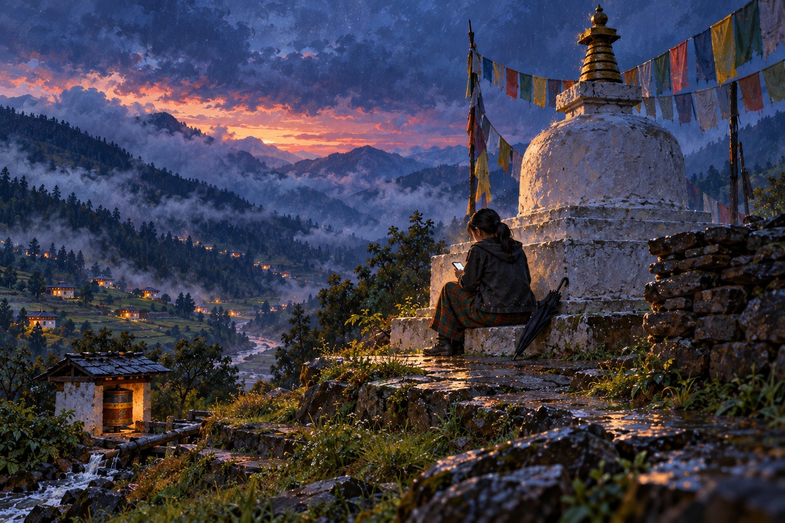 At dusk in the rain, a girl sits on the step of a white chorten with her head bowed over a phone, while the lights of the village come on in the valley below.