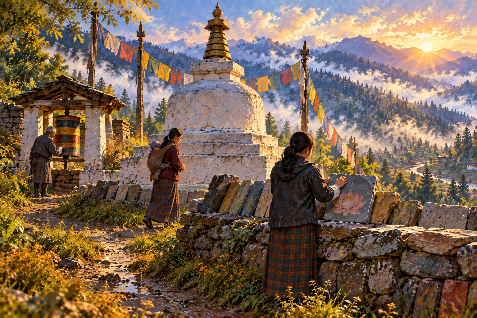 On a sunny ridge, a girl sets a new stone with a pink lotus on a low wall of faded stones beside a white chorten, while her sister walks around it with a baby on her back.