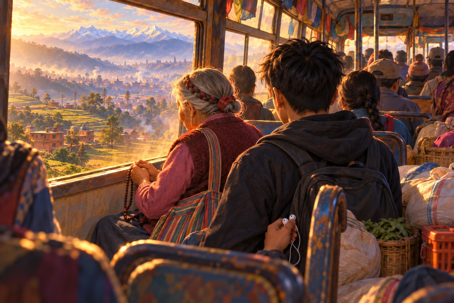 Inside a crowded bus, seen over a young man's shoulder, an old woman sits in profile against the sunny window, quietly praying with prayer beads on her knee.