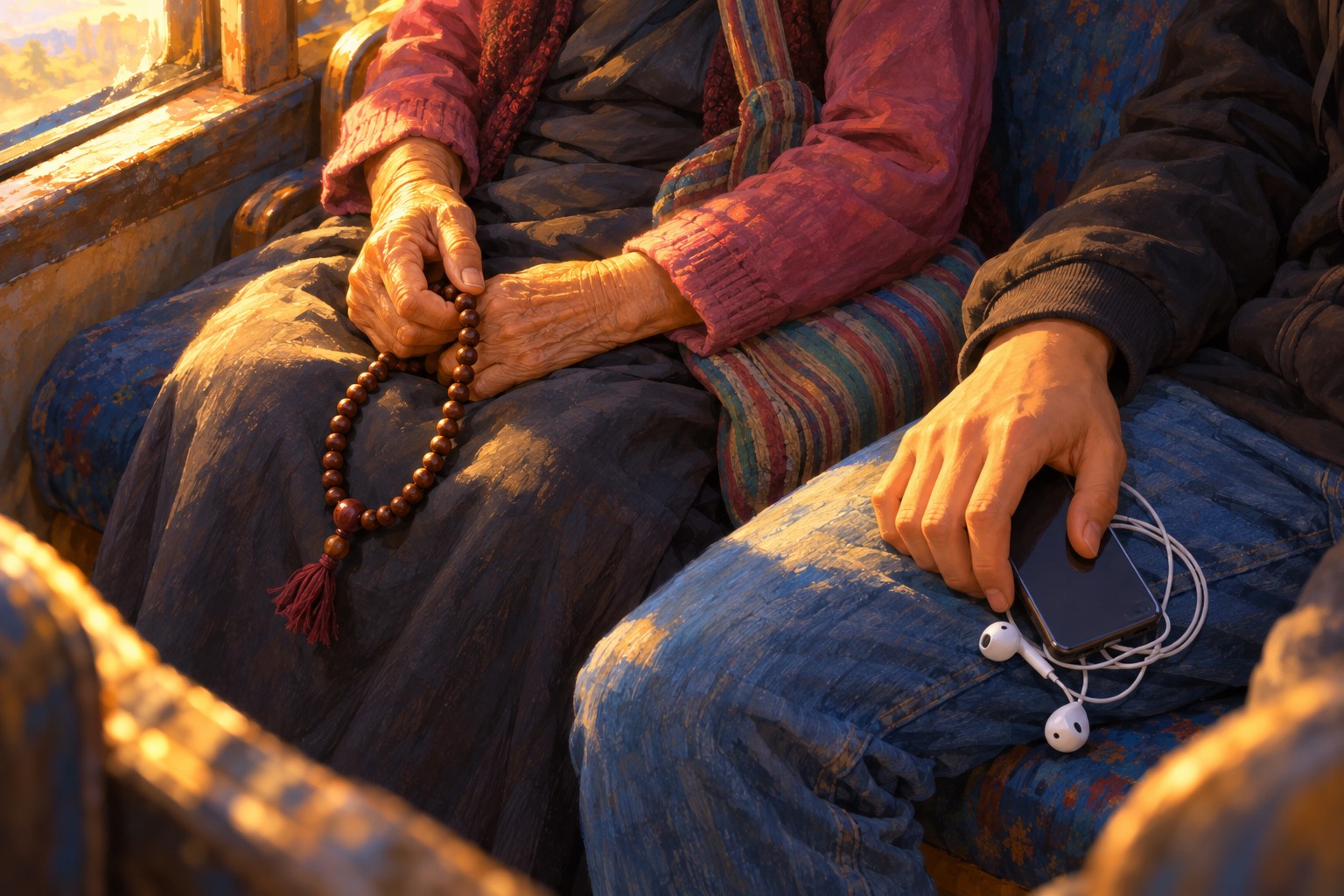 Close-up of an old woman's hand moving dark prayer beads on her lap, beside a young man's hand resting on a phone laid face down on his knee.