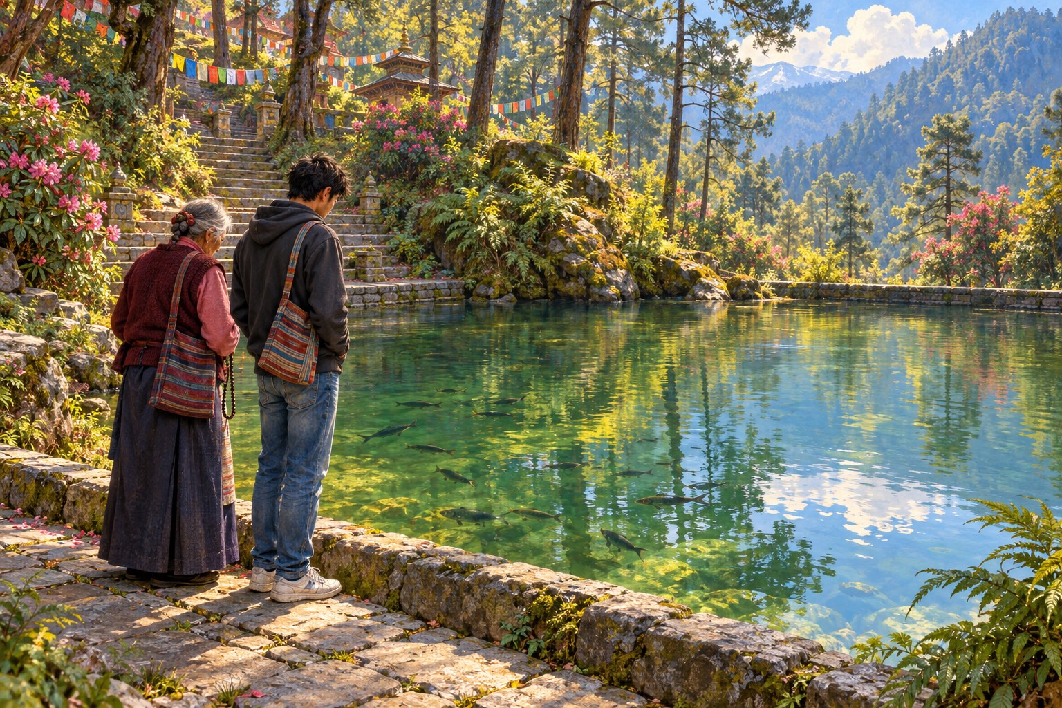 An old woman and a young man stand side by side at the edge of a green pond, looking down at fish, with steps and prayer flags behind them.