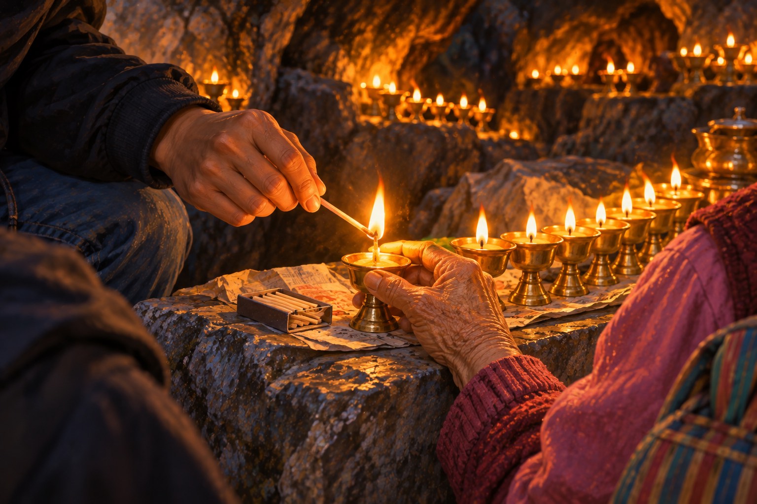 Close-up of a young man's hand holding a lit match and an old woman's hand tilting a small brass lamp to catch the flame, with a row of lamps beside them.