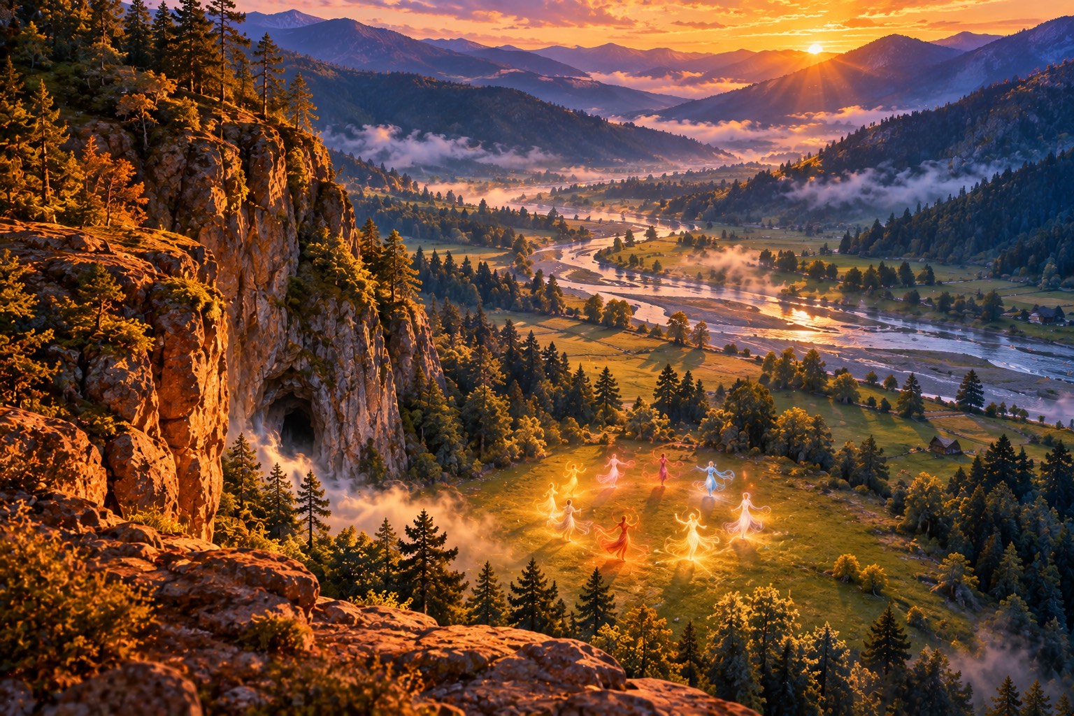 From high on a red cliff, a broad green valley at golden hour. In a meadow below, eight tiny glowing figures dance in a ring, while a pale shimmer of mist leans out of a cave at the cliff's foot to watch.