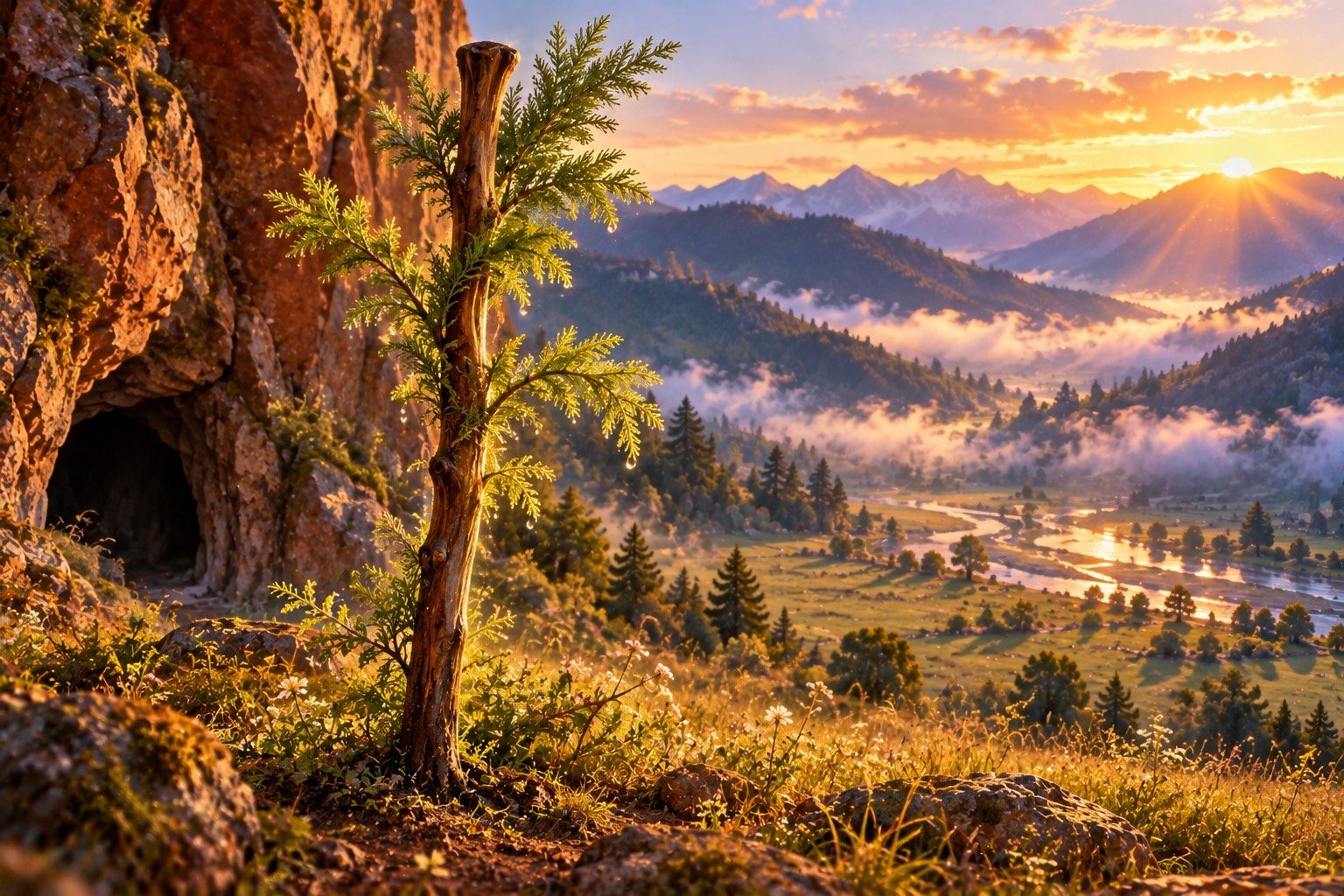 A plain wooden walking staff planted in the earth at the foot of a red cliff, sprouting fresh green cypress shoots that glitter with dew in the morning sun. A misty green valley lies behind.