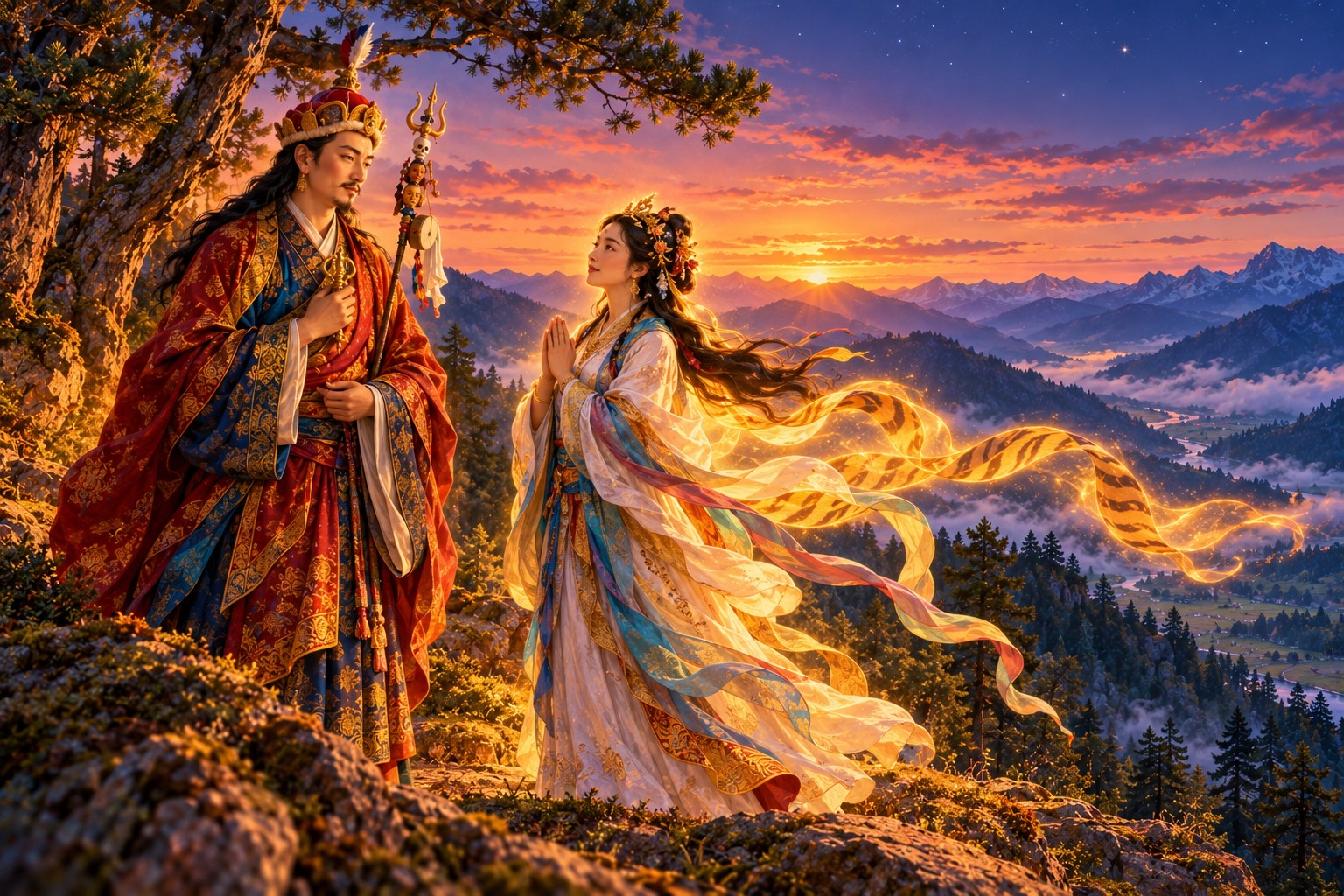 On a pine-covered ridge at dusk, Guru Rinpoche stands calmly facing Yeshe Tsogyal, who joins her palms in devotion. A warm golden glow gathers around her, with faint striped ribbons of light streaming from her scarf.