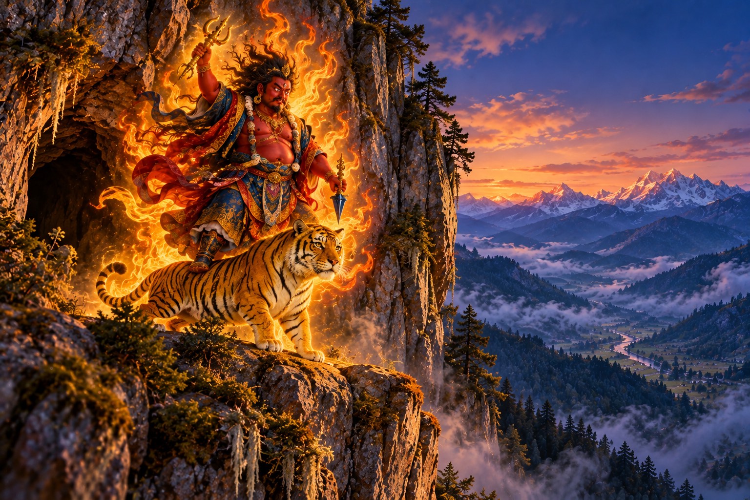 Seen from below at blue hour, Guru Dorje Drolö, deep red and three-eyed, stands on a golden tigress on a cliff ledge, surrounded by golden flames, a vajra raised in his right hand and a dark ritual dagger held downward in his left.