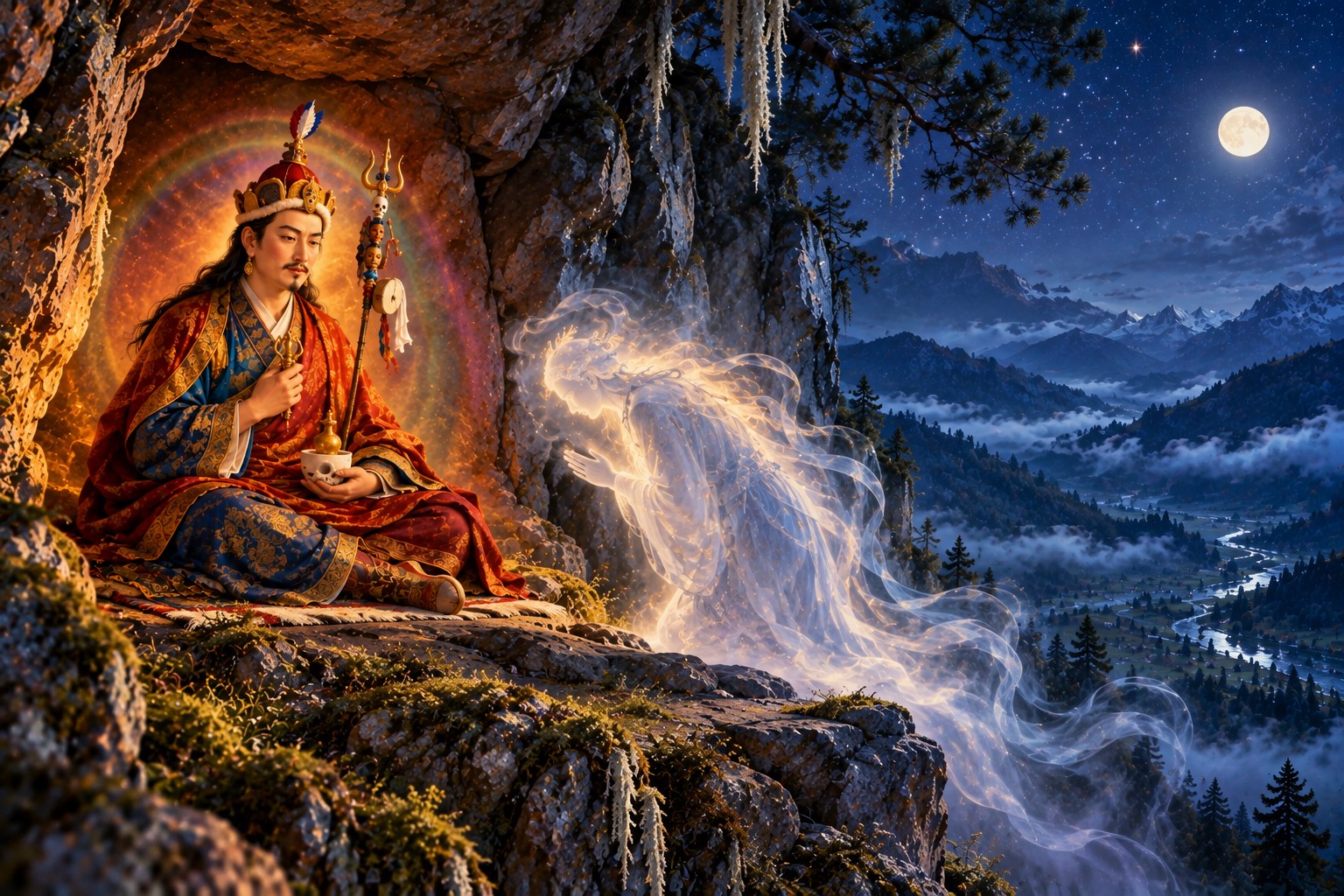 At night on a moonlit cliff, Guru Rinpoche sits in meditation at the mouth of a cave, glowing softly, while a tall, faceless figure of silver mist bows low toward him on the ledge.