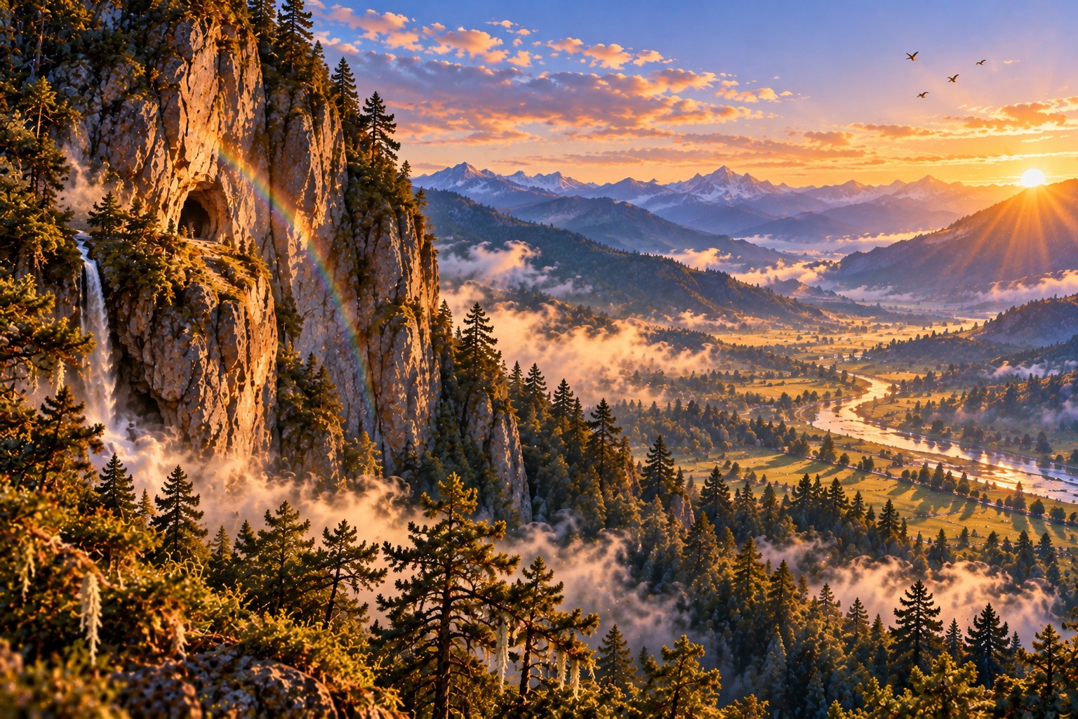 Sunrise over a sheer granite cliff above a forested valley, seen from across the gorge. Mist lifts from the pines, a thin waterfall falls beside the cliff and a faint rainbow touches the rock near a small cave.