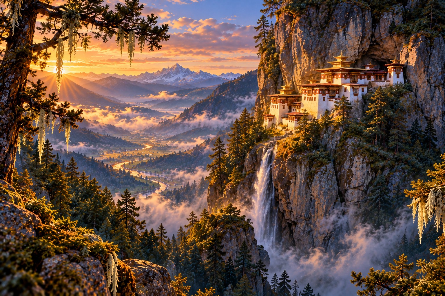 The white, tiered temples of Taktsang cling to a sheer cliff in golden afternoon light, seen across a gorge with a long waterfall and pine forest in front.
