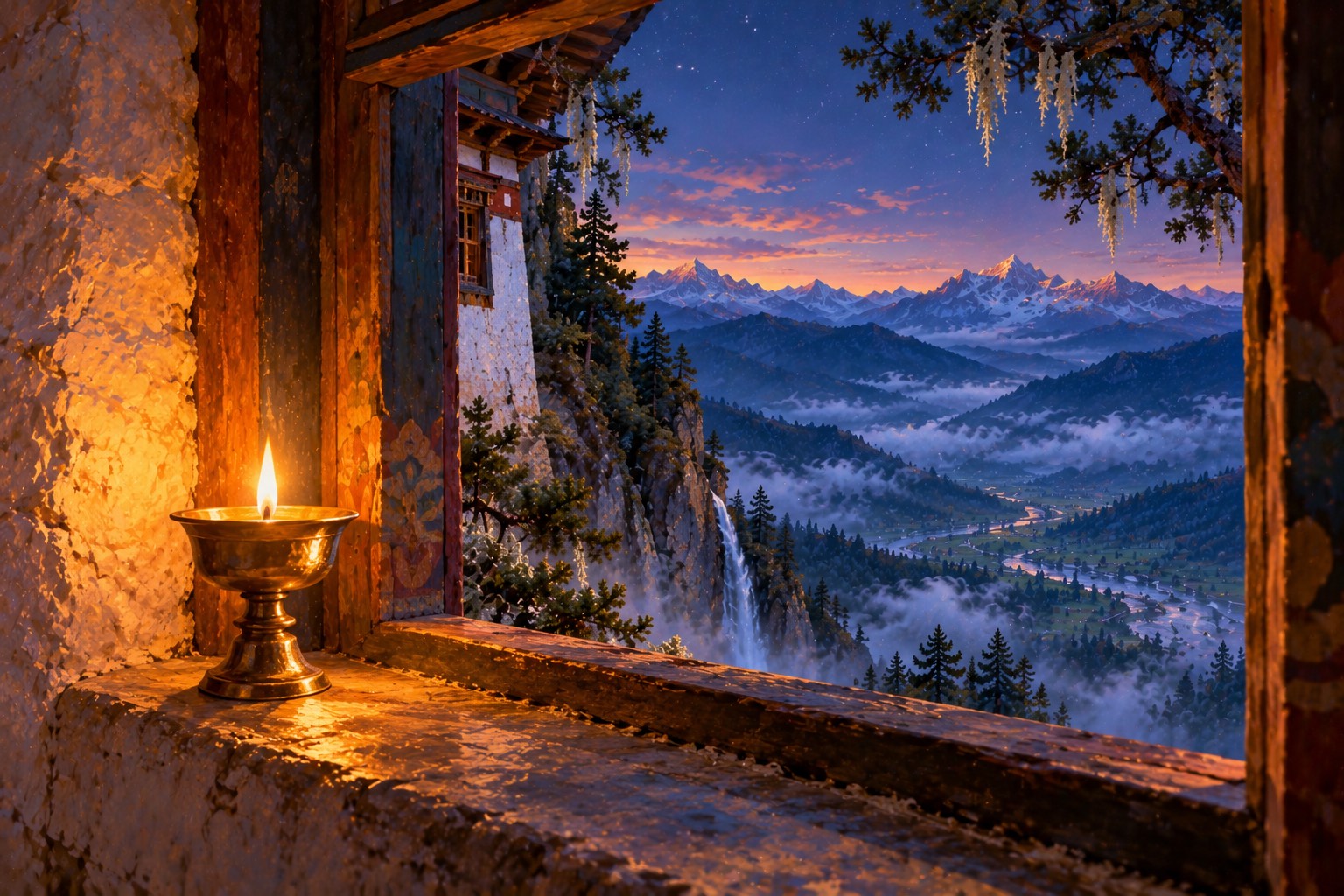 A single brass butter lamp burns on the stone sill of a small temple window at blue hour, looking out over a misty valley and blue ridges under the first stars.