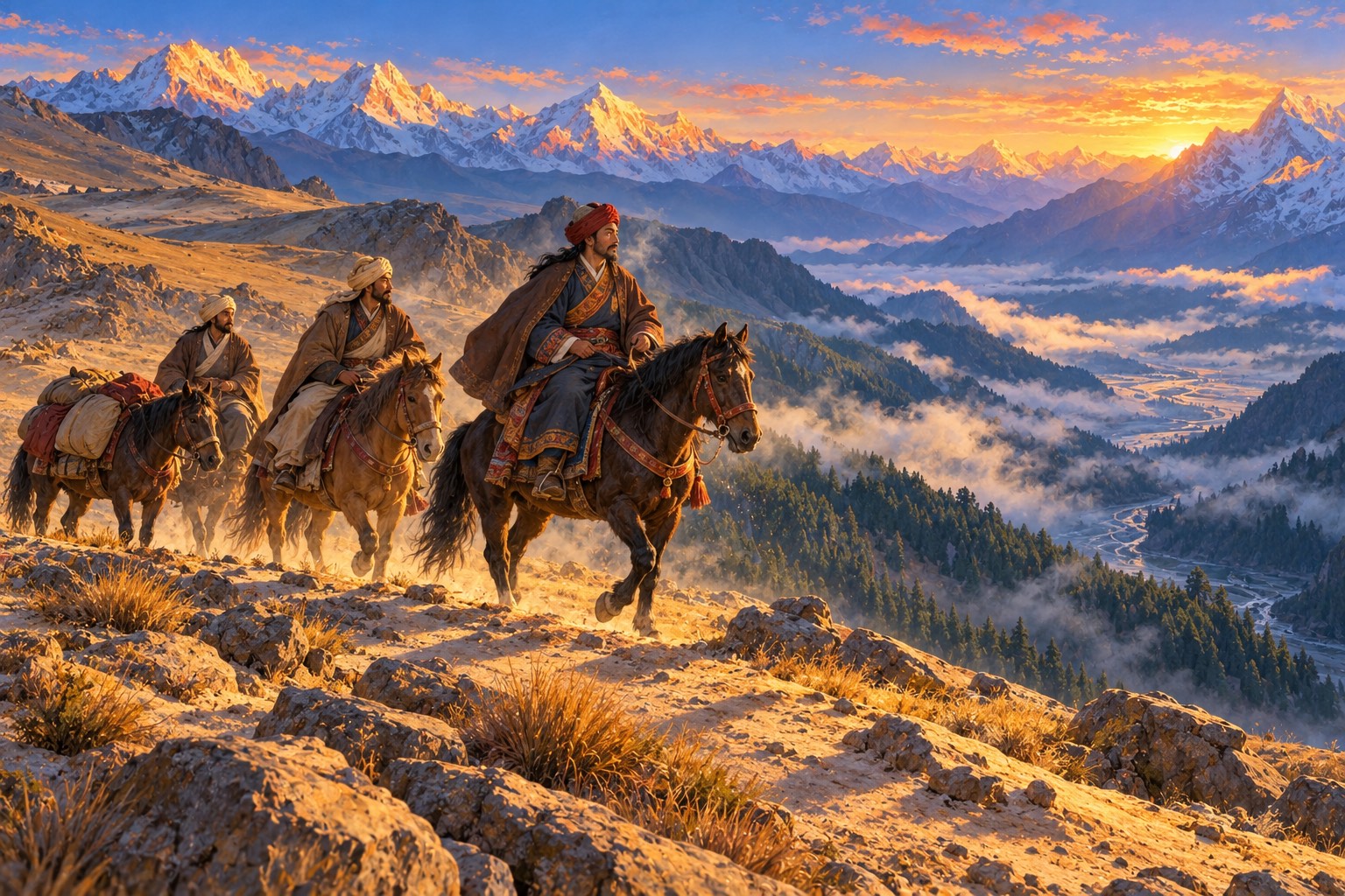 Three riders on shaggy Tibetan horses cross a high sandy pass in early morning light. The leader, a minister in a dark red turban and felt cloak, looks south toward a misty forested valley and gold-lit snow peaks.