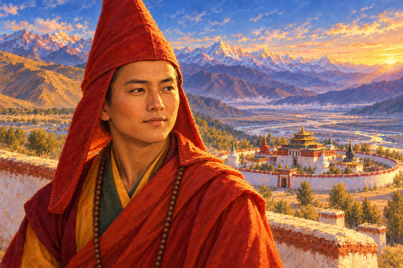 Portrait of the translator Vairotsana, a young monk in a tall pointed red hat with long lappets and ochre-red robes, with a small calm third eye on his forehead, lit by warm late-afternoon light.
