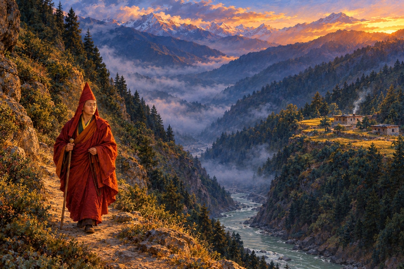 Aerial view of a deep, misty forested gorge at dusk. A tiny figure in red robes and a pointed red hat walks a narrow mountain path toward a small village of stone houses on terraced fields.