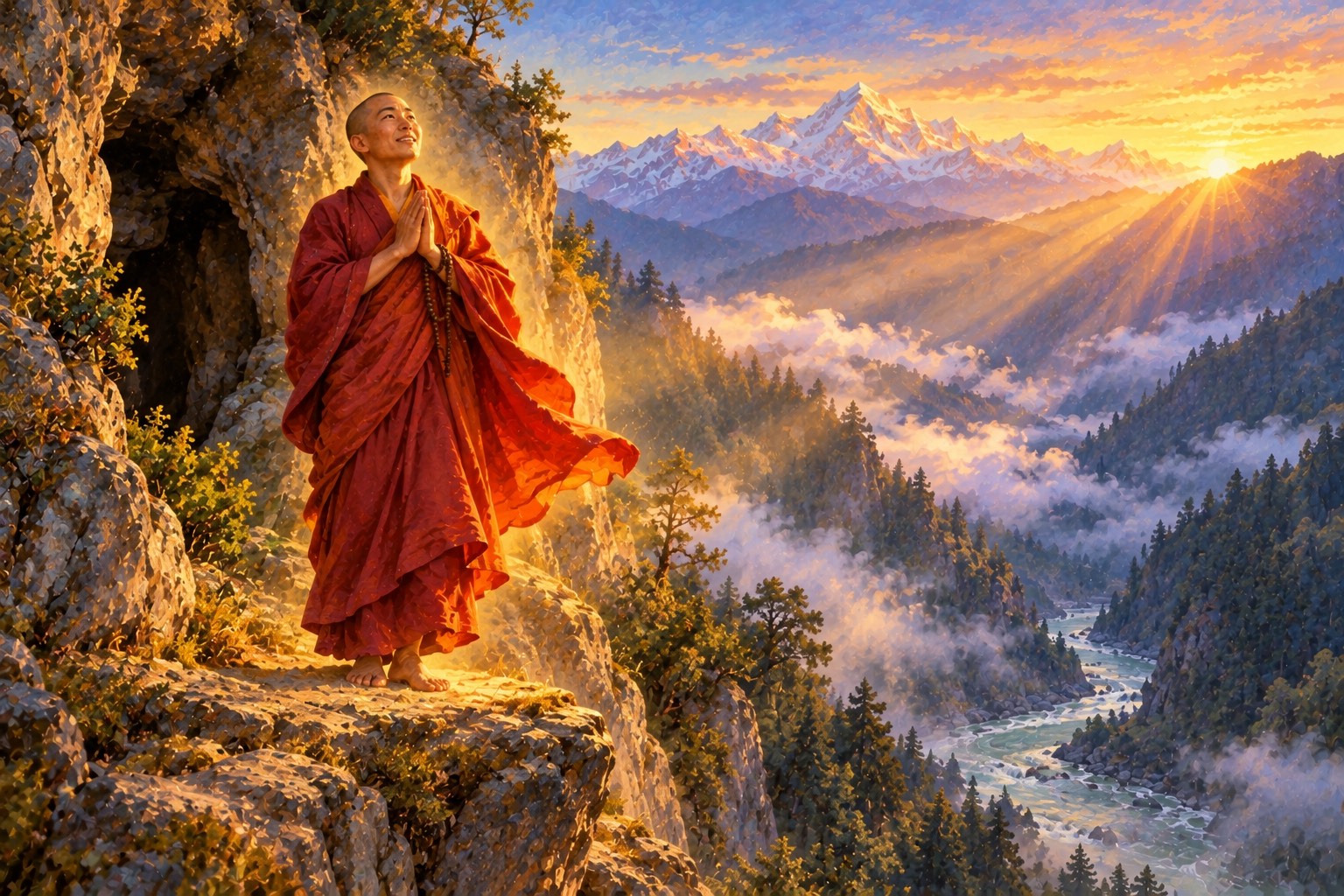 At sunrise a slender monk in ochre-red robes stands on a cliff ledge outside a small cave, face lifted, wrapped in long golden rays of light above a misty forested gorge.