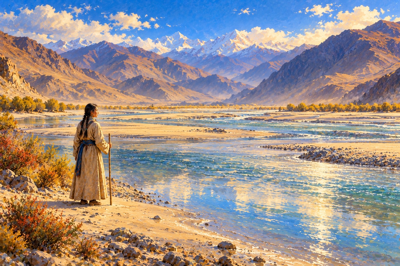 A young woman in a plain oatmeal wool robe with two long braids stands on a sandbar holding a bamboo walking stick, looking across the wide, braided Tsangpo river toward bare ochre mountains on a bright morning.