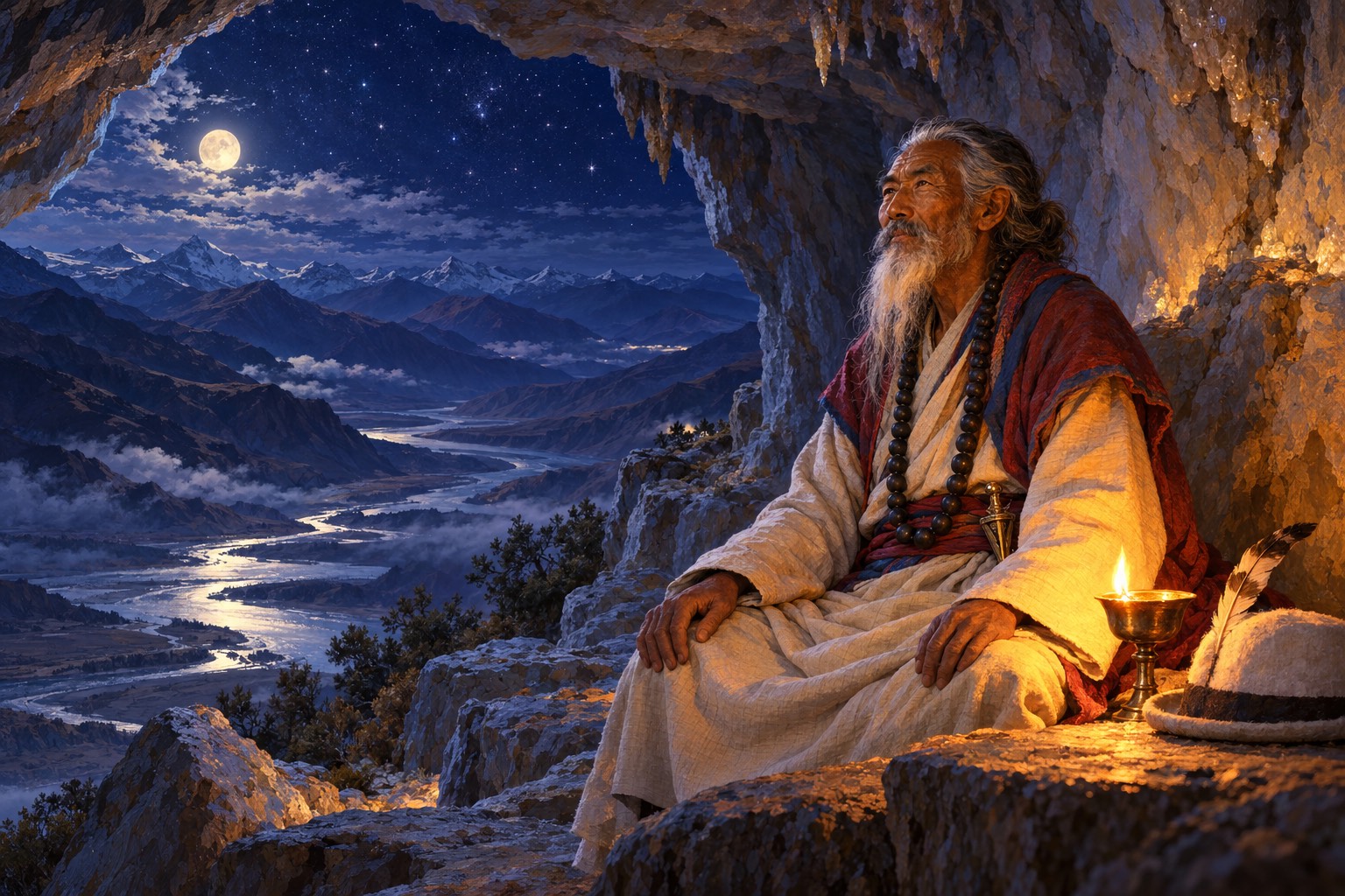 At night in a large cave, an aged long-haired yogi with a white-streaked beard and a long mala sits upright beside a single butter lamp, moonlight and stars visible beyond the cave mouth.