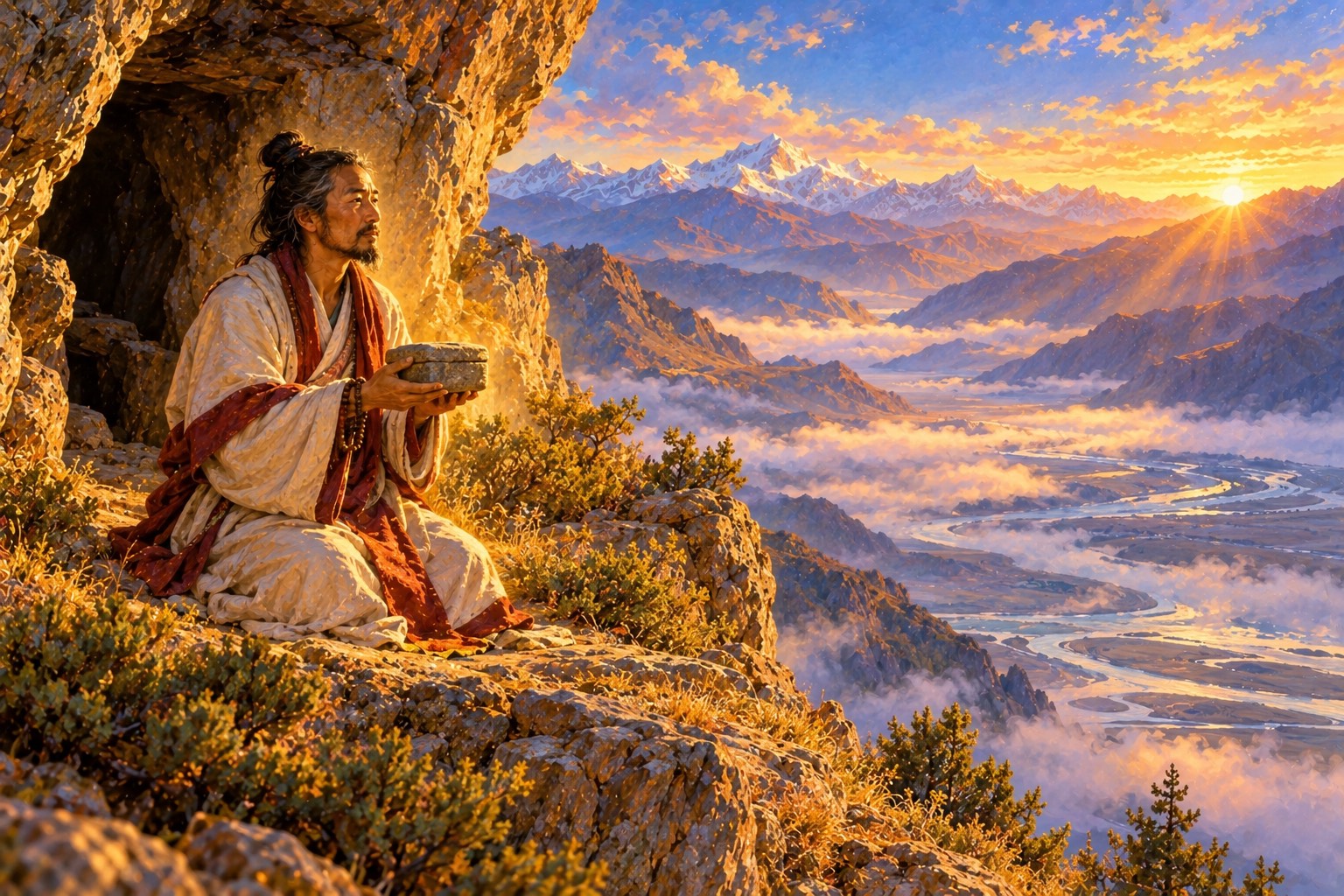At dawn, a long-haired yogi in a white robe with a red-bordered shawl kneels at a cliff cave holding a small plain stone casket, looking toward the rising sun over a misty valley.
