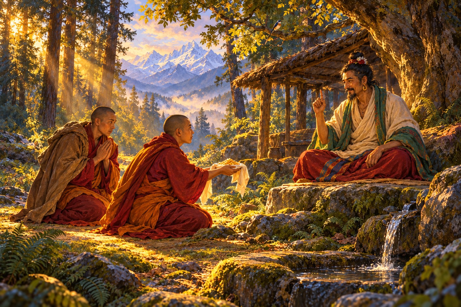 In a sunlit forest clearing, two young Tibetan monks kneel before an Indian master with a topknot and green scarf, offering gold on a cloth.