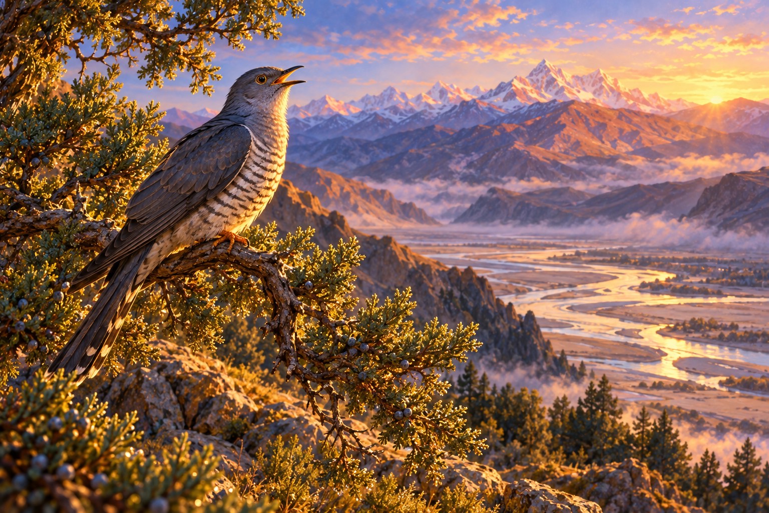 A grey cuckoo sings on a juniper branch in morning light, with a wide river valley and bare mountains softly blurred behind.