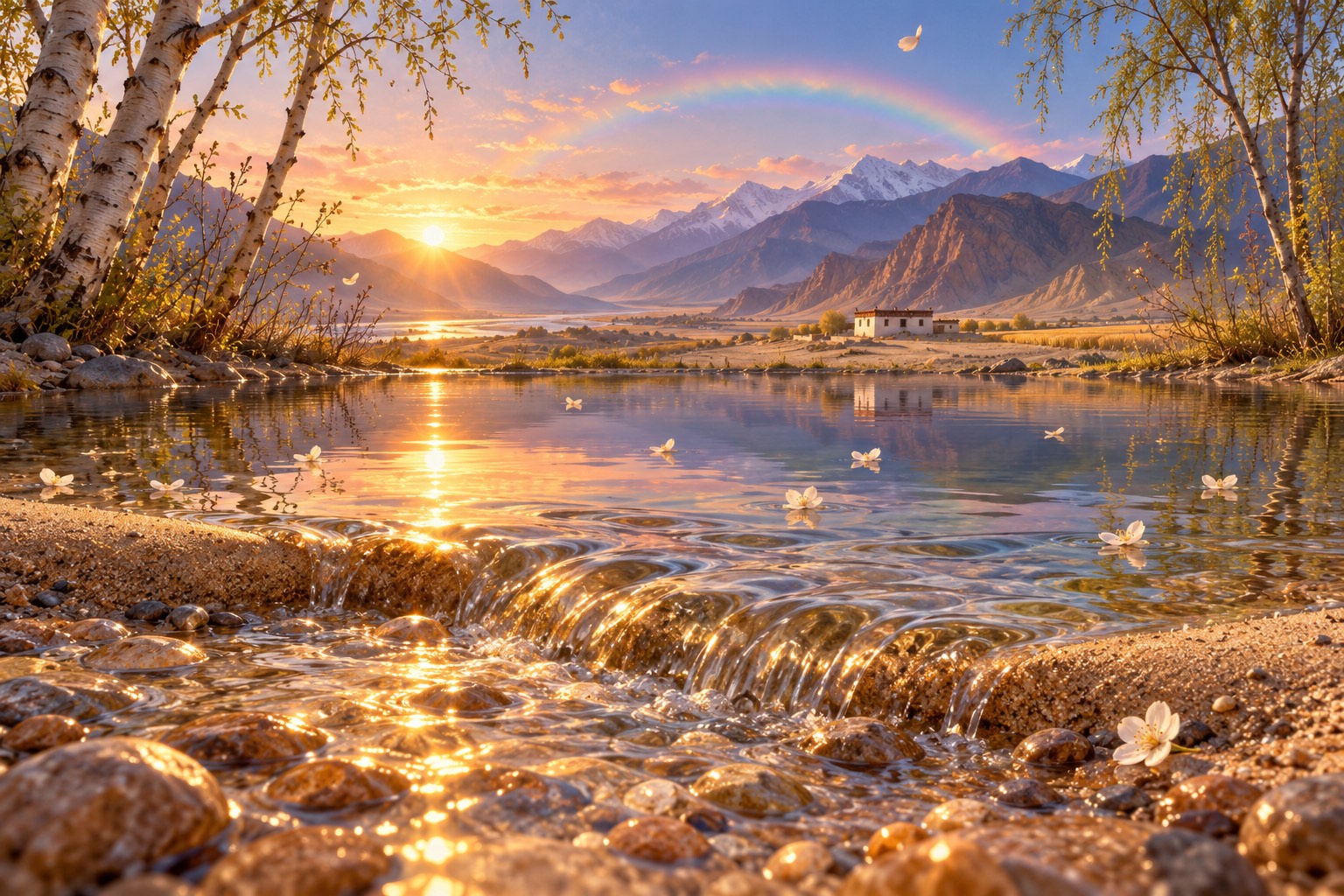 Close to the ground at sunrise, a small pond brims over its edge onto the sand while pale flowers drift down onto the water. A whitewashed house glows in the distance under a faint rainbow.