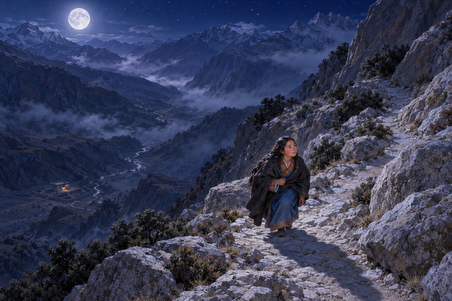 Seen from high above on a moonlit night, a small cloaked figure of a young woman climbs alone up a rocky mountain path, with the tiny lights of a house far below.