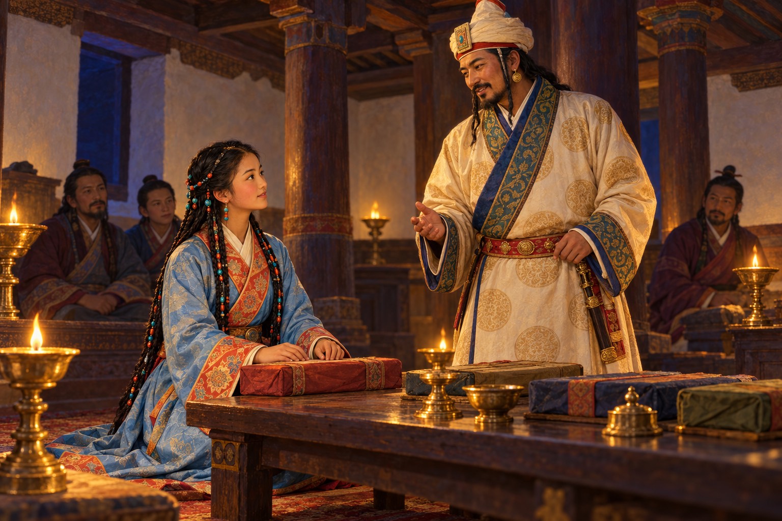 In a lamp-lit hall with wooden pillars, a young Tibetan queen kneels at a low table with cloth-wrapped books, looking up as a king in a tall cream turban and long robe speaks with her.