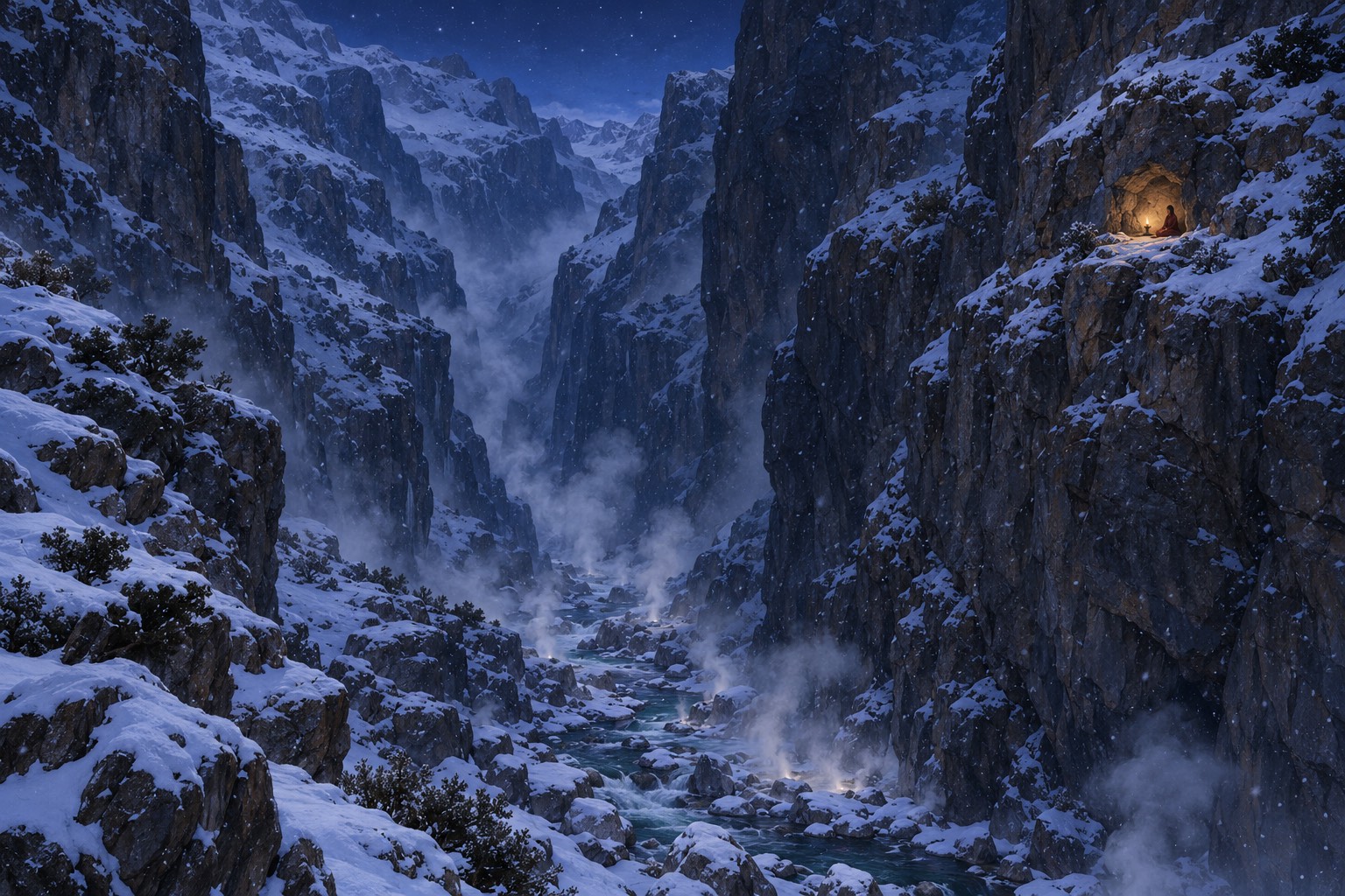 A deep snowy gorge at dusk with steam rising from hot springs by a river. High in the dark cliffs, one small cave glows with lamplight, where a tiny figure sits in meditation.