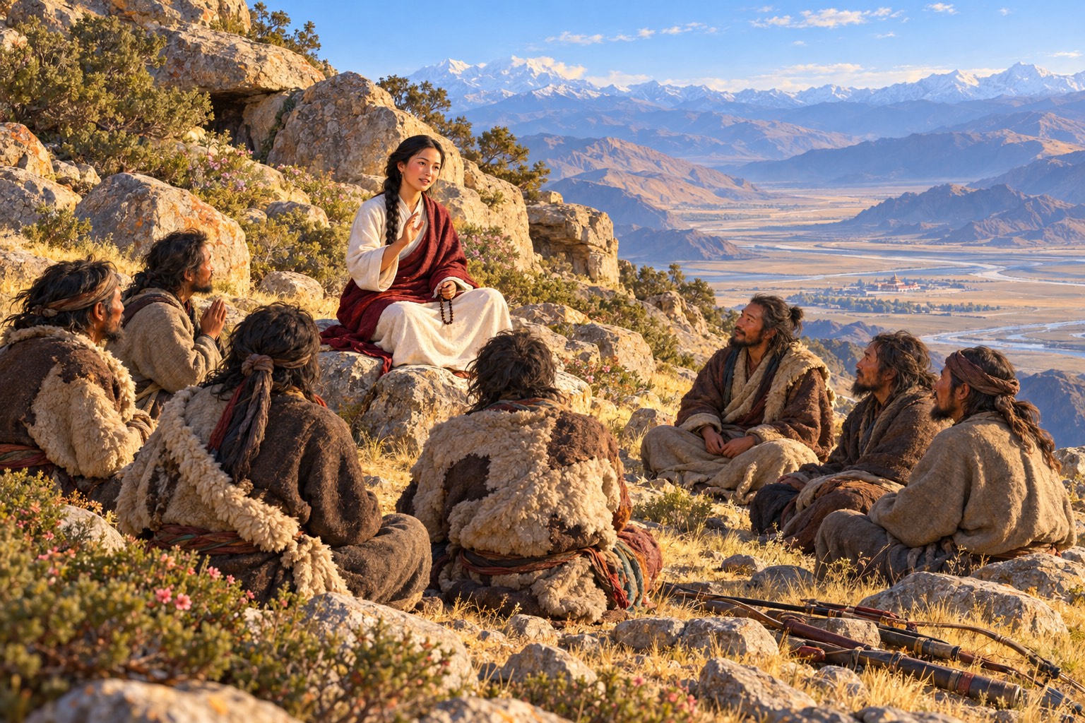 On a sunny mountain slope, a young woman in a white robe and dark red shawl sits on a boulder teaching, while seven rough-looking men in worn sheepskins sit listening before her, their weapons laid aside.