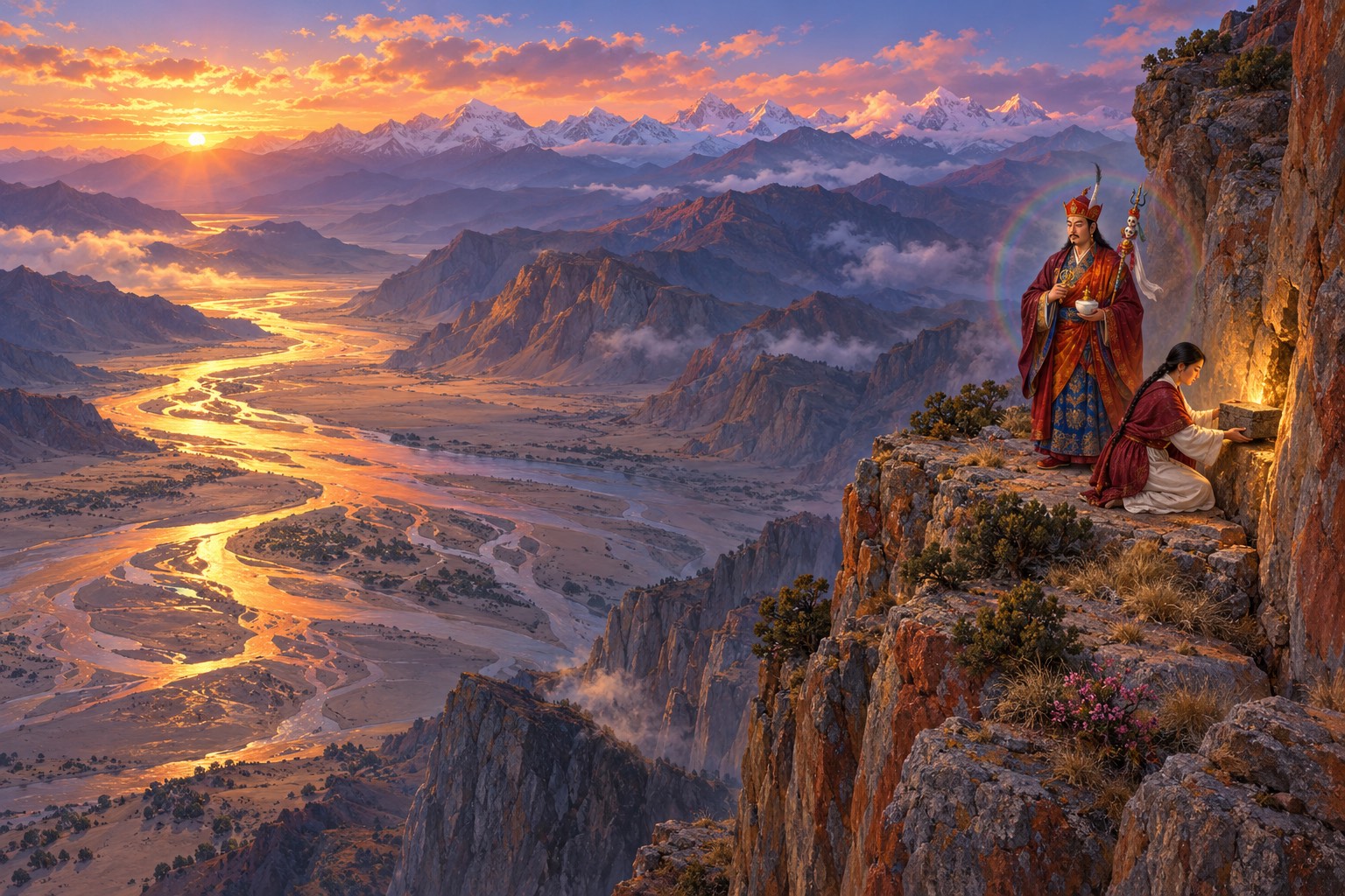 Seen from high above at sunset, two small figures, Guru Rinpoche in his lotus hat and a woman in a dark red shawl, stand on a cliff ledge as she places a small casket into a crack in the rock, with a wide river valley below.